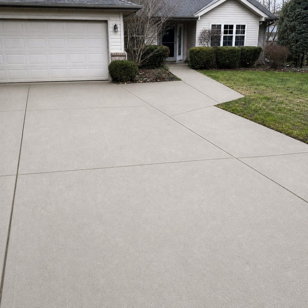 Illustrative example: the same home and driveway after pressure washing, the concrete clean and light gray
