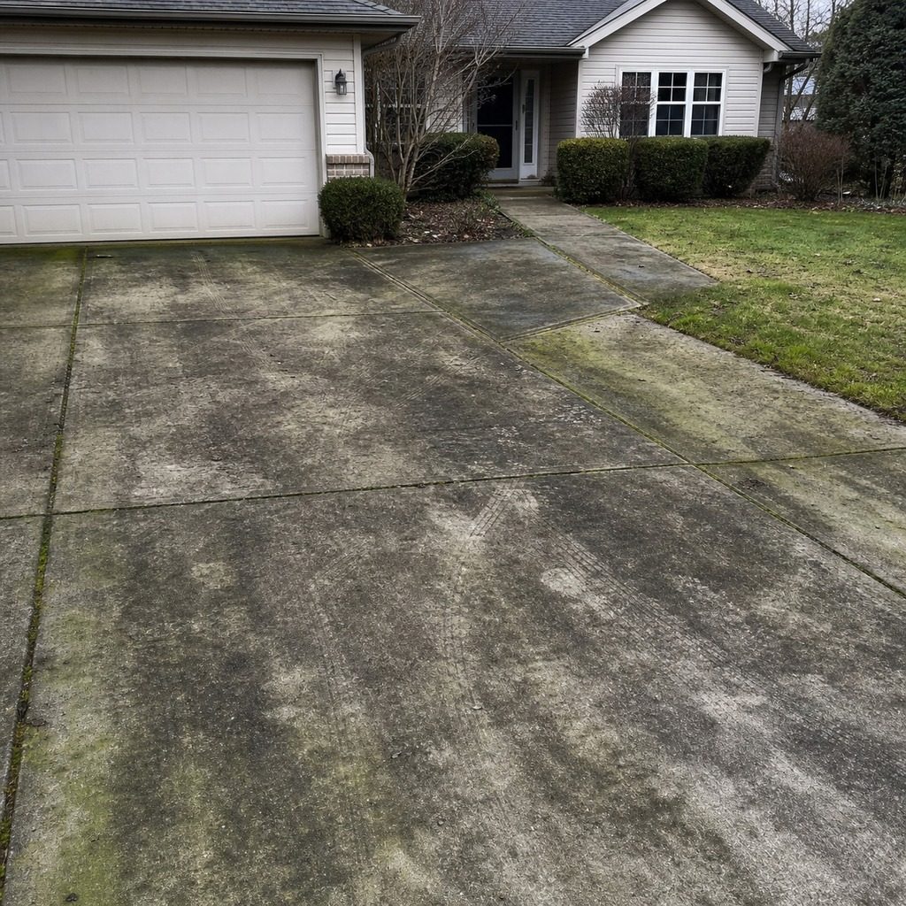 Illustrative example: a two-story home with a grime-stained concrete driveway before pressure washing