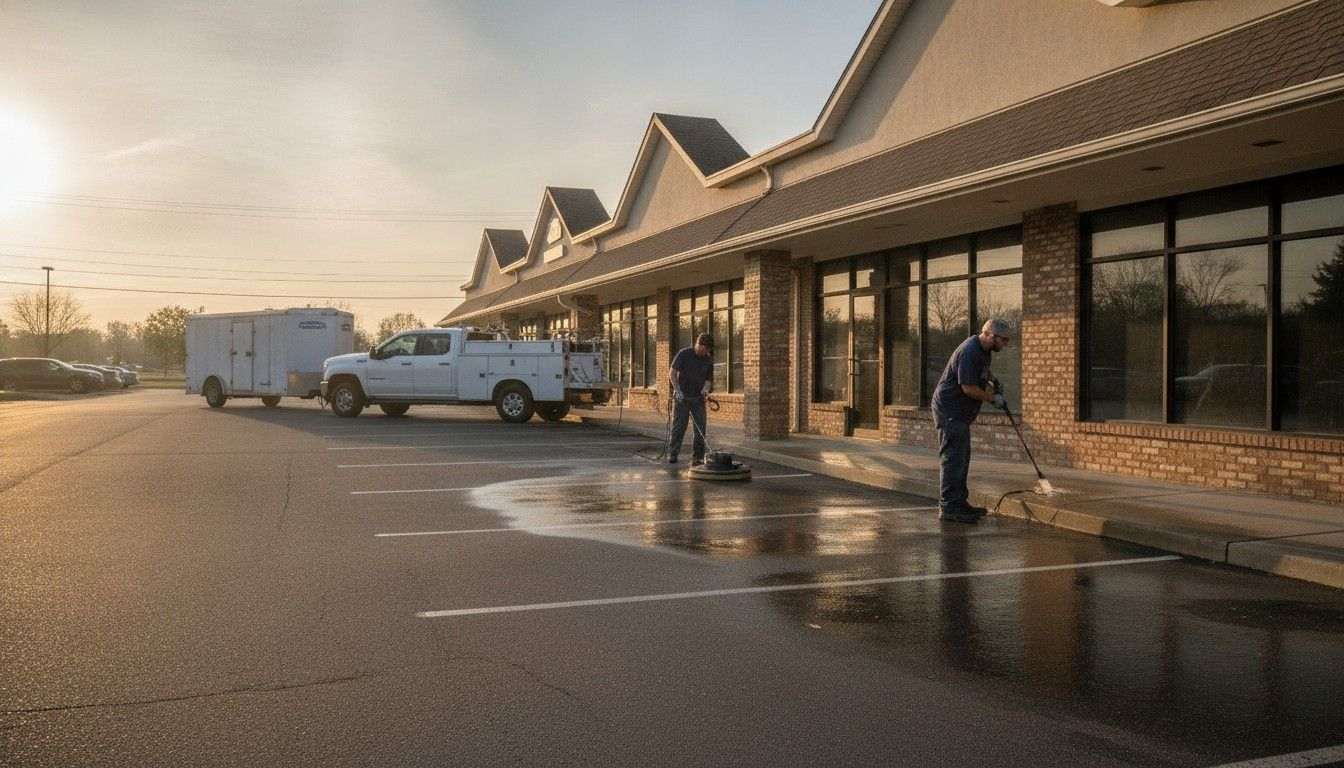 Clean commercial storefront and parking lot after professional pressure washing in Boise