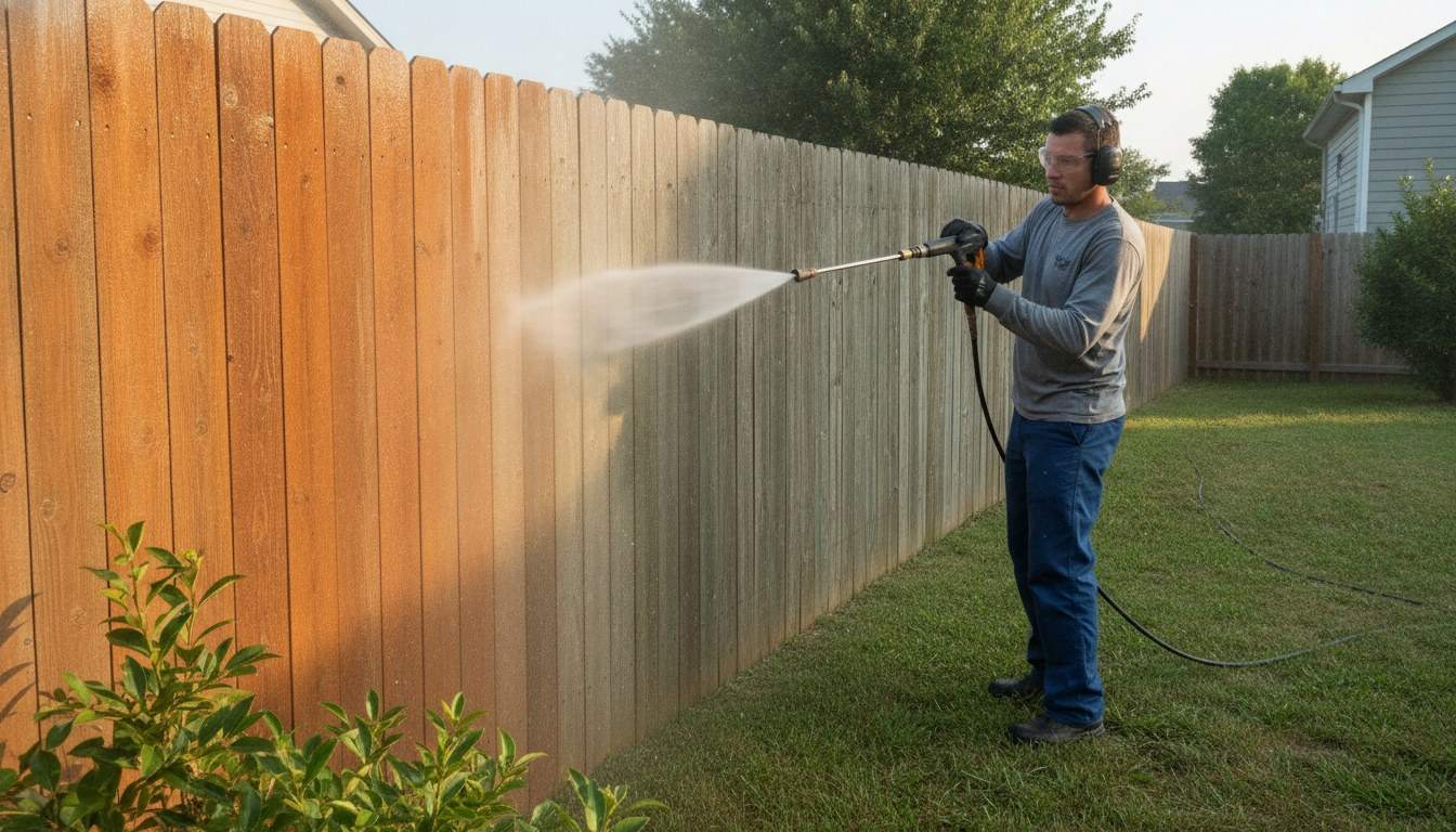Pressure washing a weathered wood fence in a Boise backyard, cleaned boards visibly brighter